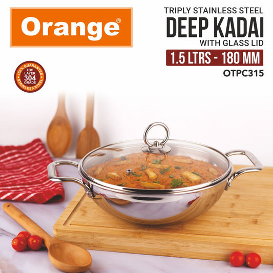 Orange Triply Stainless Steel Deep Kadai with Glass Lid