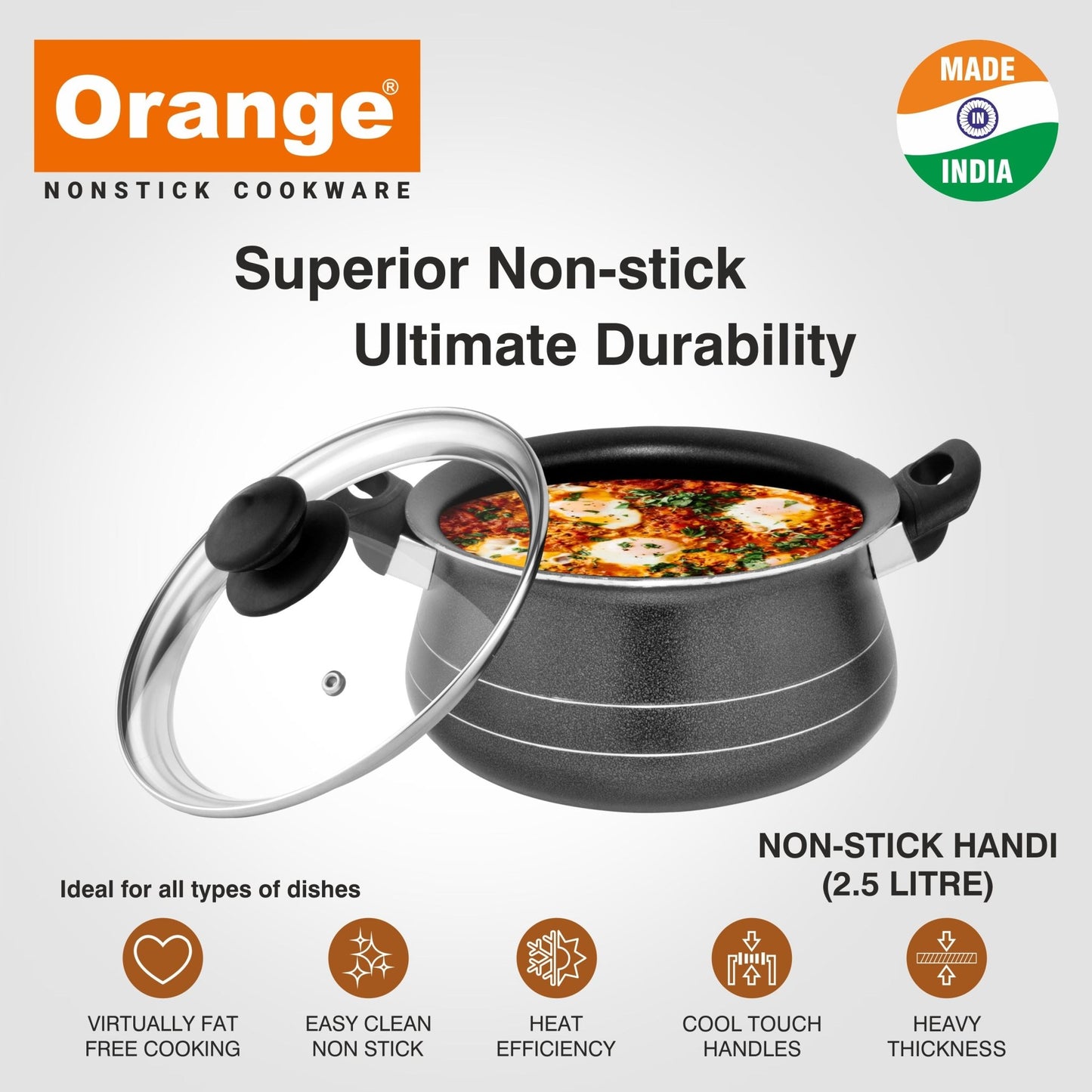 Orange 2.6MM Platina Series Non - Stick Handi/Kadai/Fry Pan/Gravy Hand/Biryani Handi with Glass Lid | Sturdy Handles | 2.6mm Thickness Platina Series | Free Spatula and Scrubber | 2.5L/Black - Orange CookwareOrange 2.6MM Platina Series Non - Stick Handi/Kadai/Fry Pan/Gravy Hand/Biryani Handi with Glass Lid | Sturdy Handles | 2.6mm Thickness Platina Series | Free Spatula and Scrubber | 2.5L/Black