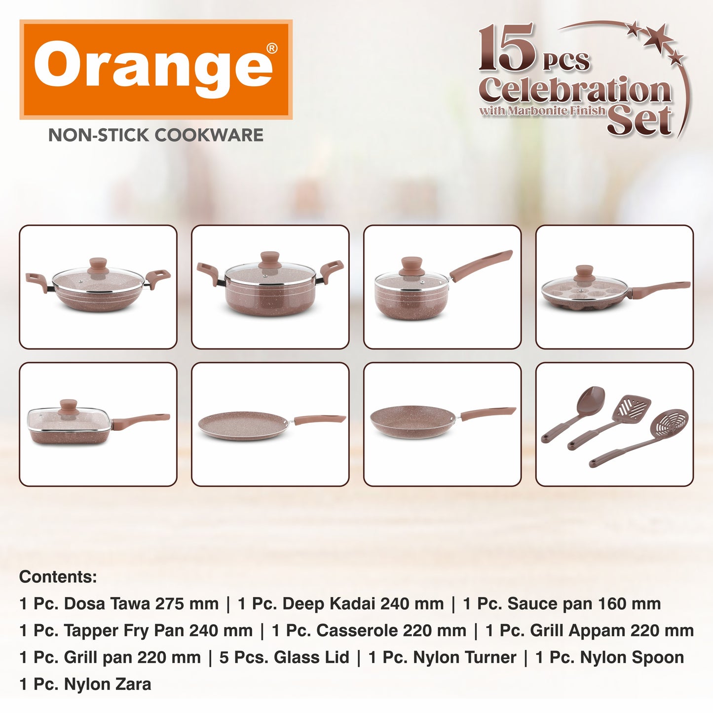 ORANGE - 15 PCS CELEBRATION COOKWARE SET |27CM DOSA TAWA,24CM TAPPER FRY PAN, 24CM DEEP KADAI, 16CM SAUCE PAN, 22CM CASSEROLE, 22CM GRILL APPAM, 22CM GRILL PAN, 5 PCS GLASS LID, 1 NYLON SPOON, 1 NYLON TURNER, 1 NYLON ZARA