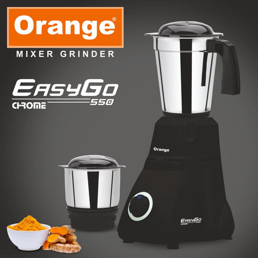 Orange 550 Watt Mixer Grinder EasyGo, 100% Copper Motor,with 2 virgin & unbrakable SS coil Jars(1 Big Jar and 1 Chutney Jar) | Stainless Steel Blades | 2 Year Motor Warranty | Black Color