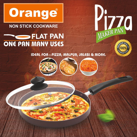 Orange Non-Stick Pizza Pan/Flat Pan/Paratha Pan with Toughened Glass Lid