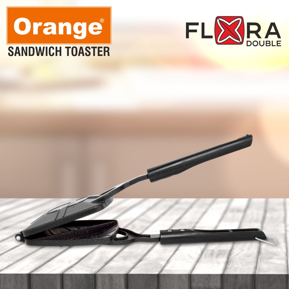 Orange Aluminium Die-Cast Series Non-Stick Flora Shape Sandwich Maker With Cool Touch Sturdy Handle | Free Nylon Tongs & Scrubber | Non-Electric Sandwich Maker | Gas Stove Compatible | Black