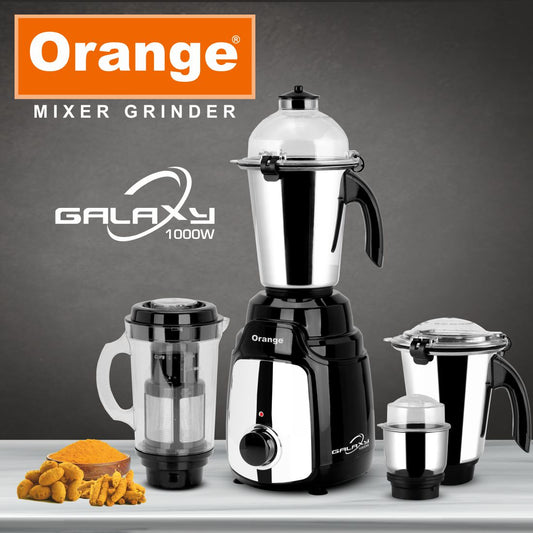 Orange 1000 Watt Mixer Grinder Galaxy | 100% Copper Heavy Duty Motor with 4 virgin | unbrakable SS coil Jars (1 Wet Jar, 1 Dry Jar, 1 Chutney Jar & Juicer Jar) 2 Year Motor Warranty | Black