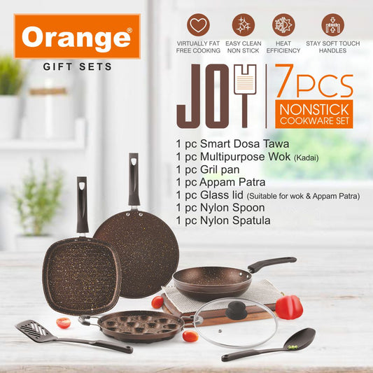 Orange Non-Stick 7 Piece Joy Gift Set/Combo Set, Granite Finish | 27cm Smart dosa tawa, 22cm Grill Pan, 23cm Multipurpose Wok, 12 pits Appam pan, Glass Lid, 2 Nylon Spoons | Brown Color