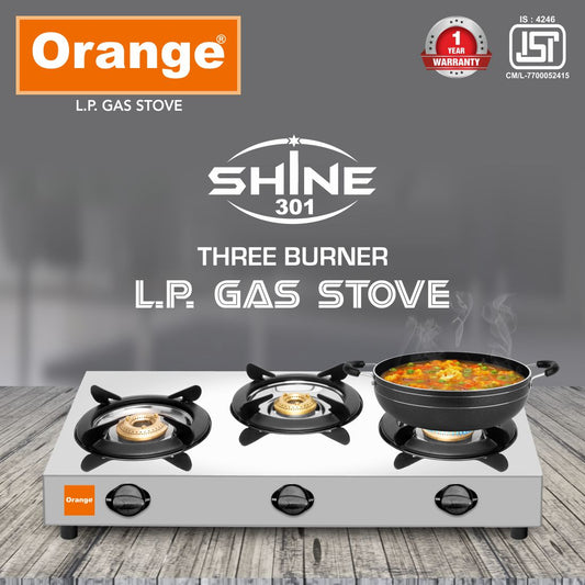 Orange 3 Burner Gas Stove Stainless Steel Shine Manual | Silver | Spill Proof | Ergonomic Knobs | Tri-Pin Brass Burners (ISI Certified)
