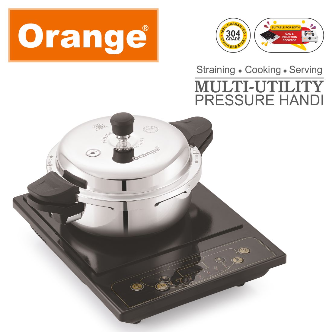 Orange Triply Stainless Steel Outer lid Pressure Handi/Cooker 3.5L with 3 Different Lids (Pressure Lid,Serving,Strainer) | Induction Friendly | Silver