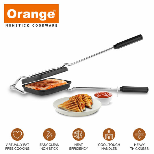 Orange Aluminium Grill Non Stick Toast Sandwich Maker With Free Nylon Tongs & Scrubber | Non Electric Grill Sandwich Maker | Gas Stove Compatible| Black