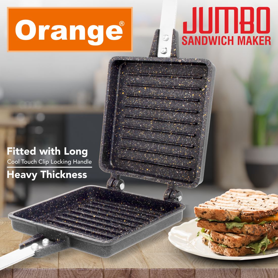 Orange Aluminium Die-Cast Series Non-Stick Toast Sandwich Maker (Jumbo Sandwich Toaster) | Waffle Maker | With Sturdy Handle
