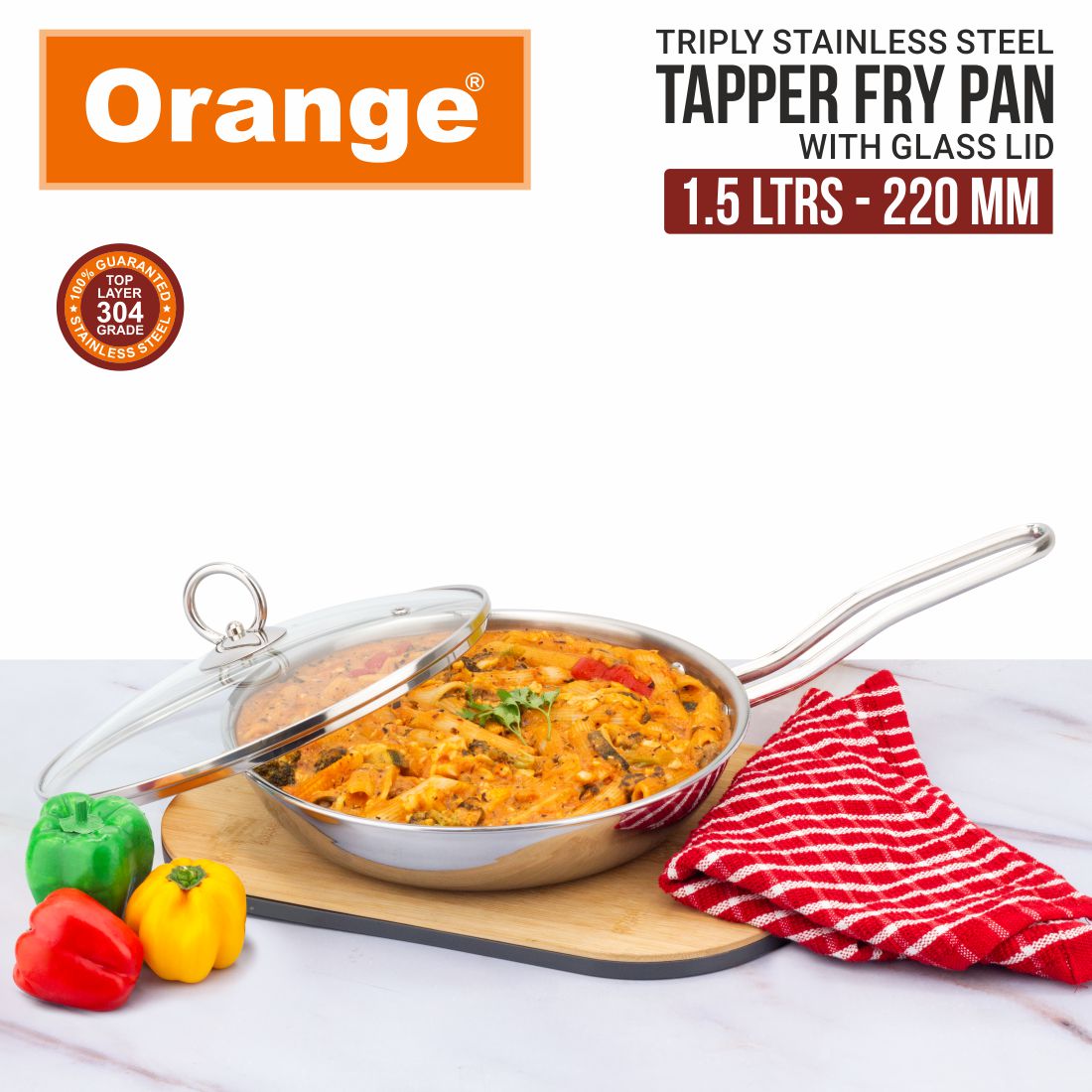 Orange Triply Stainless Steel Fry Pan with Riveted Cast Long Handle with Glass Lid | Heavy Bottom | Gas top and Induction Friendly | Silver