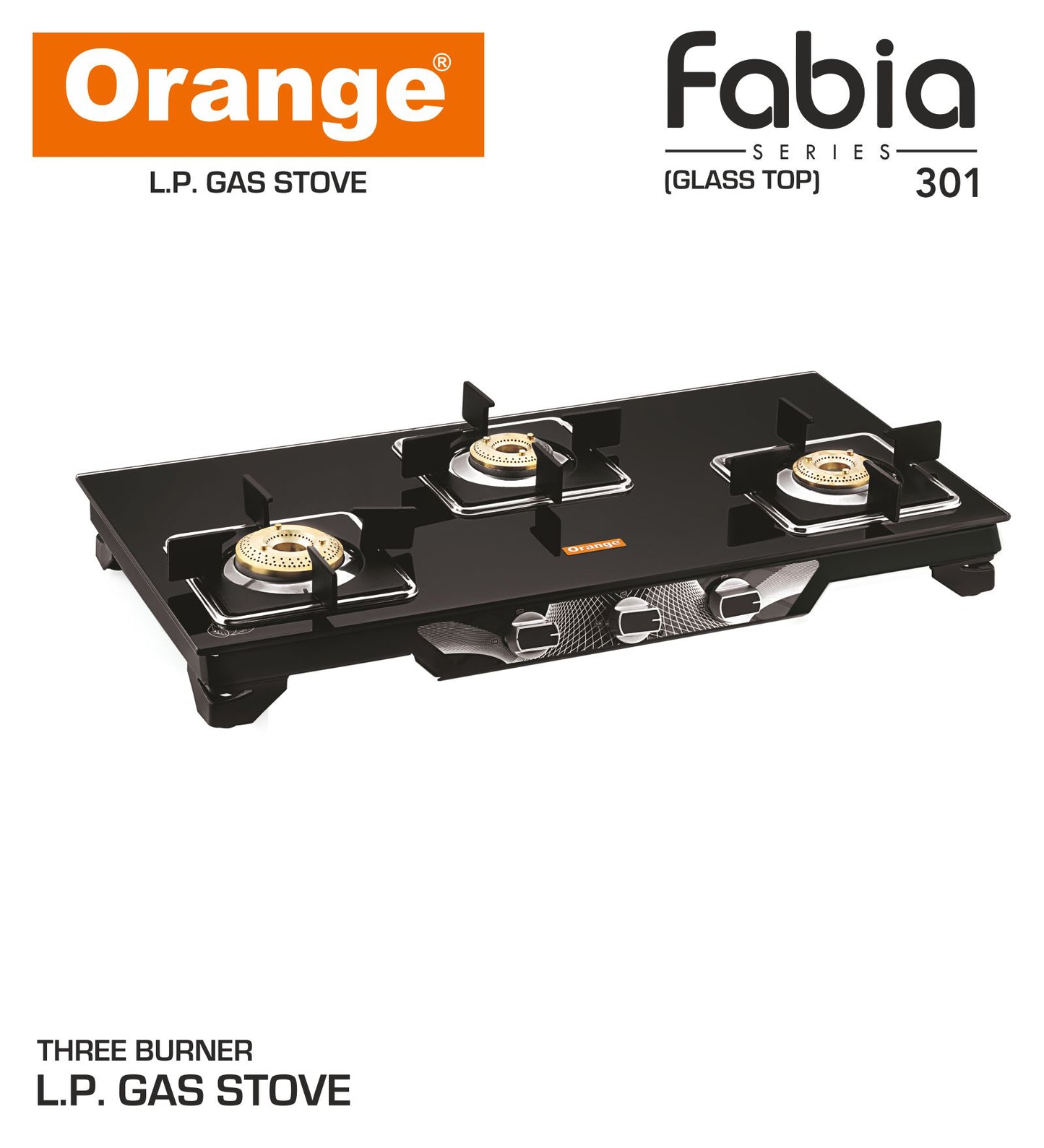 Orange Fabia 3 Burner With Glass Top Gas Stove Black Colour