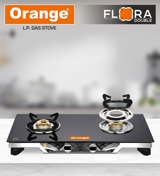 Orange Flora 2 Burner With Glass Top | Gas Stove | Stainless Steel | Double Drip Tray With 4 Way Locking Pansupports