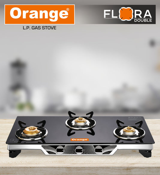 Orange Flora 3 Burner With Glass Top | Gas Stove | Stainless Steel | Double Drip Tray With 4 Way Locking Pansupports
