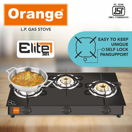 Orange 3 Burner Gas Stove Manual Ignition Elite | Toughened Glass Cooktop | Black | Spill Proof | Ergonomic Knobs | Tri-Pin Brass Burners (ISI Certified)