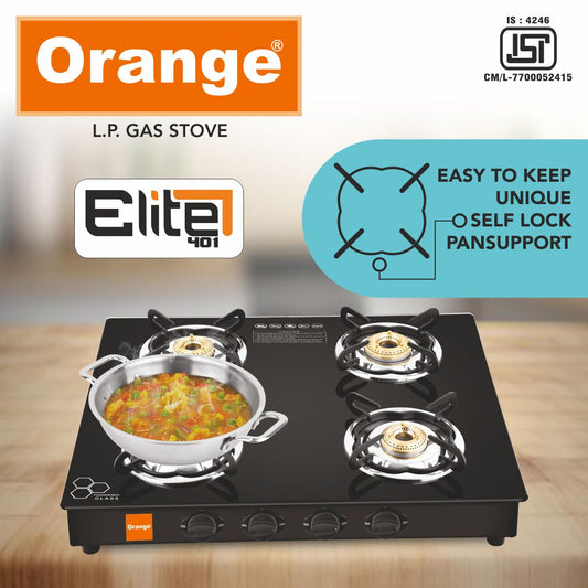 Orange Gas Stove 4 Burner | Toughened Glass Cooktop | Black | Spill Proof | Ergonomic Knobs | Tri-Pin Brass Burners | Manual ignition | (Elite) (ISI Certified)