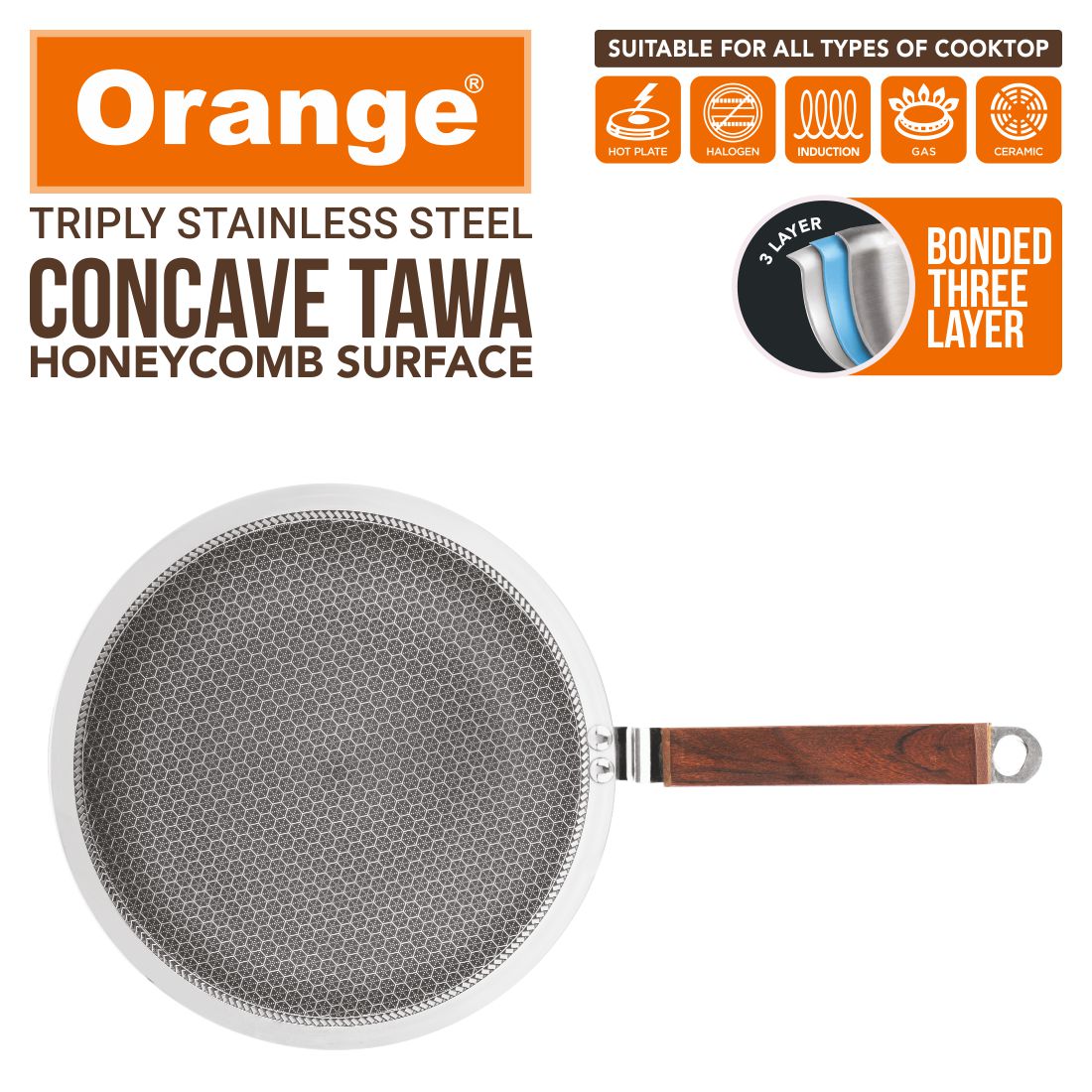 Orange Triply Stainless Steel Honeycomb Non-Stick Roti/Parathas/Concave Tawa | Scratch Resistant | Induction Friendly | Riveted Cool Touch Handle | 2.5mm Thickness