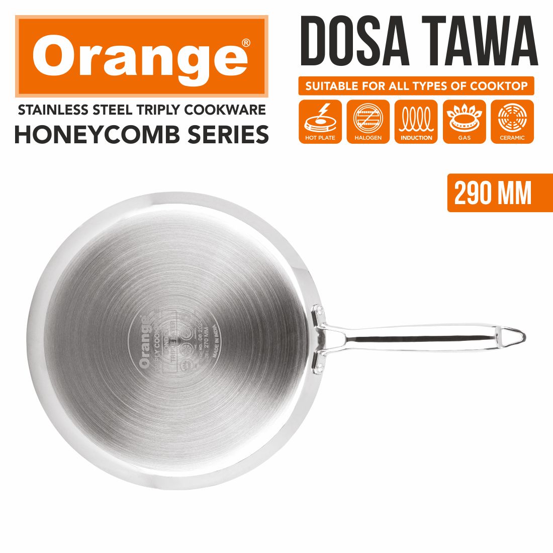 Orange Triply Stainless Steel Non-Stick Honeycomb Dosa/Uttapa Tawa| Induction Frinedly | Cool Touch Riveted Handle | 2.5mm Thickness