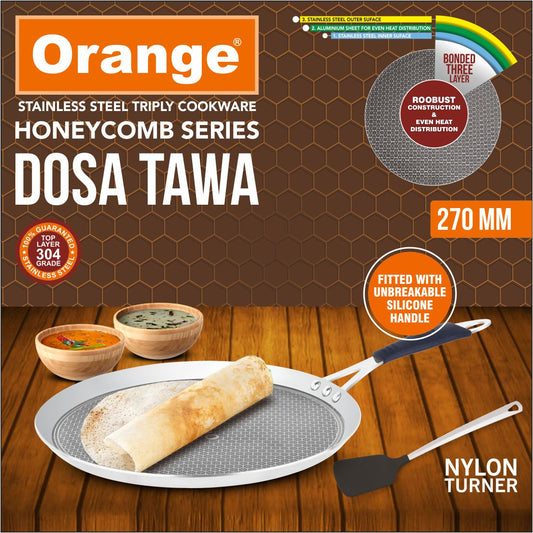 Orange Triply Stainless Steel Honeycomb Non-Stick Dosa Tawa/Uttapa Tawa