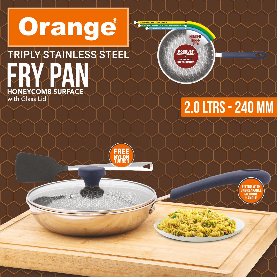 Orange Triply Stainless Steel Honeycomb Fry Pan with Long Handle | Gas top and Induction Bottom Friendly