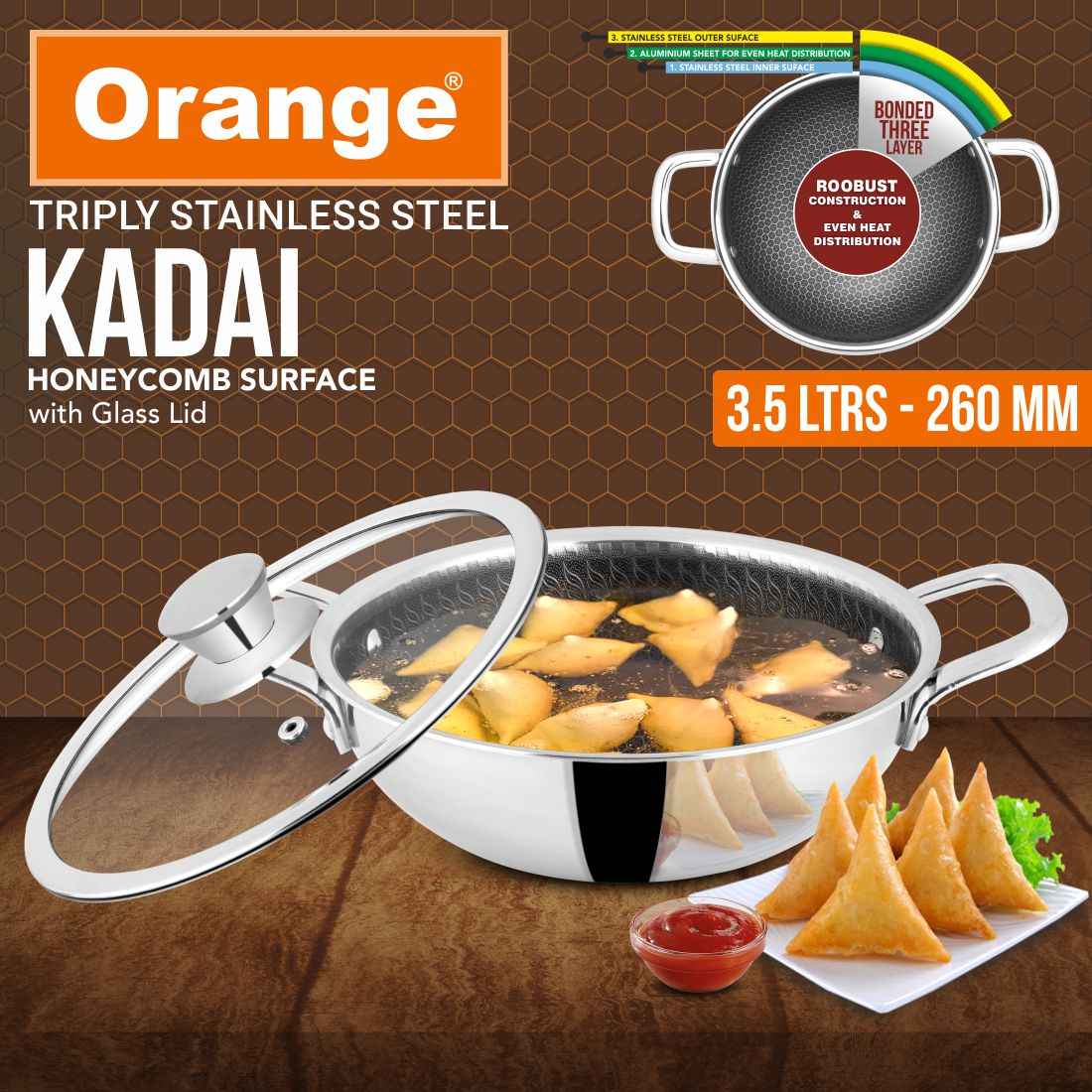 Orange Triply Stainless Steel Honeycomb Non-Stick Deep Kadai/Kadhai with Glass Lid | Induction & Gas Stove Capatible | Metal Spoon Friendly | 2.5mm Thickness