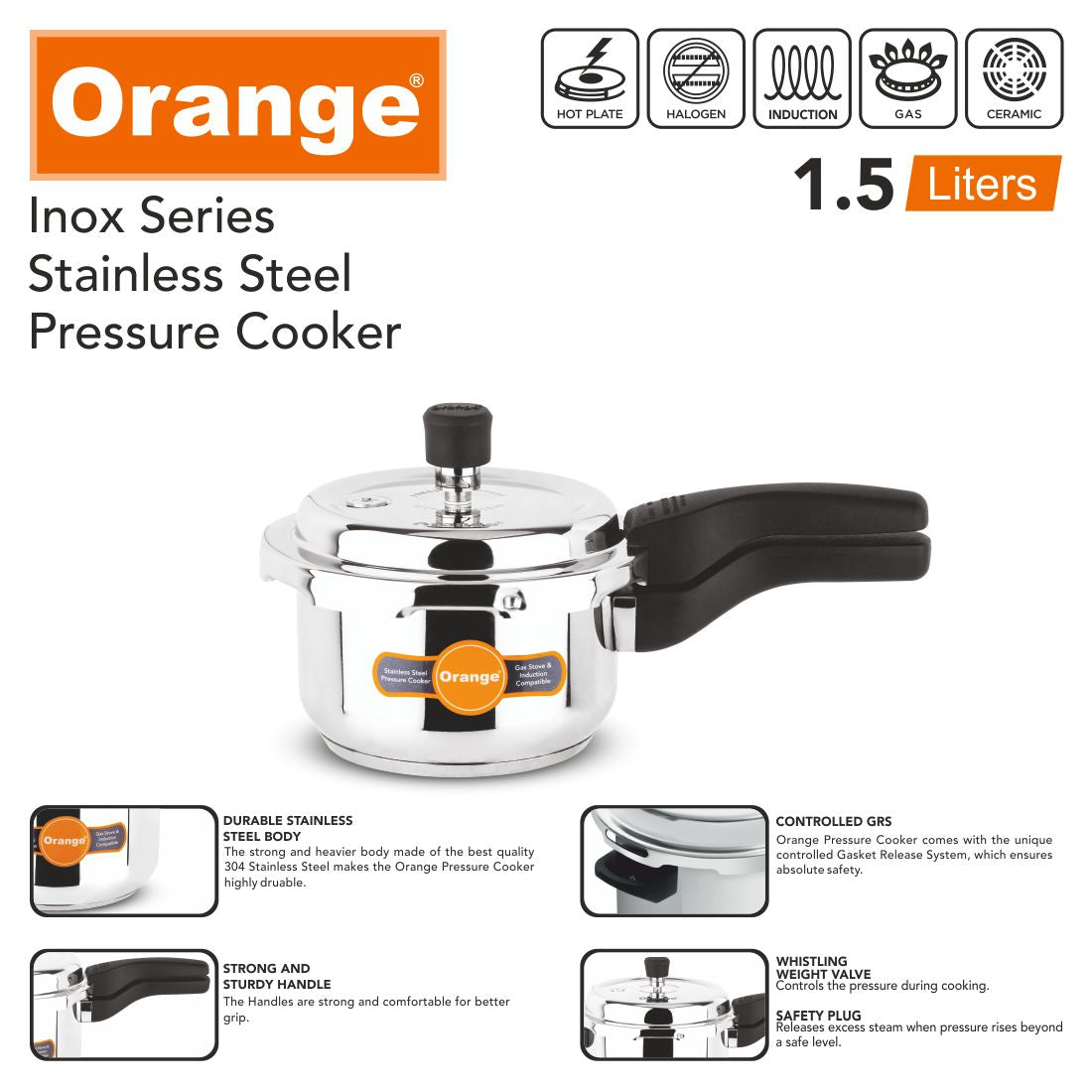 Orange Inox Series Cute Small Stainless Steel Outer Lid Pressure Cooker With Sturdy Handle| Induction Friendly | Deep Lid for Spillage Control | 2.5mm Base Thickness | Silver