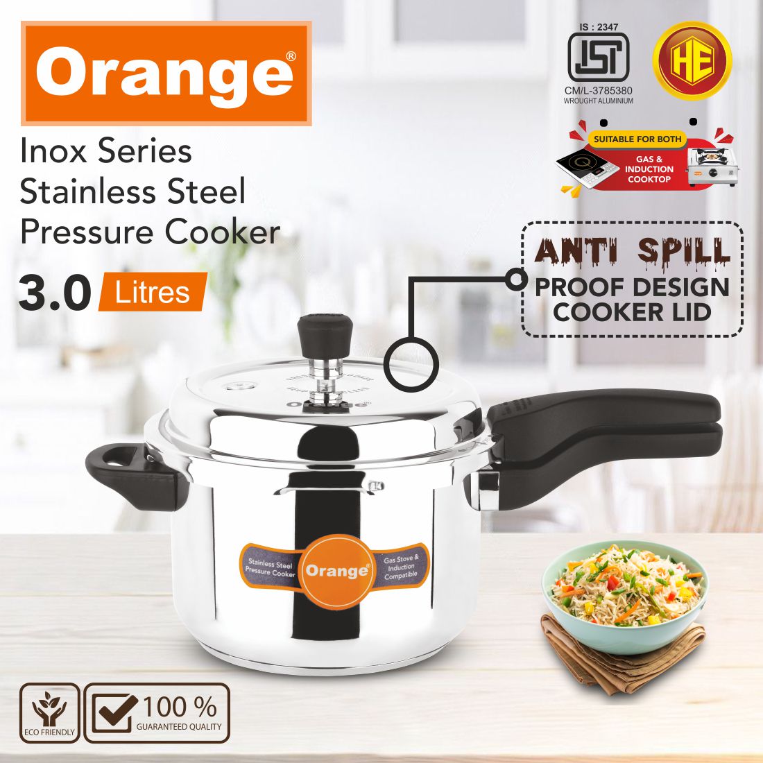 Orange Inox Series Stainless Steel Outer Lid Pressure Cooker
