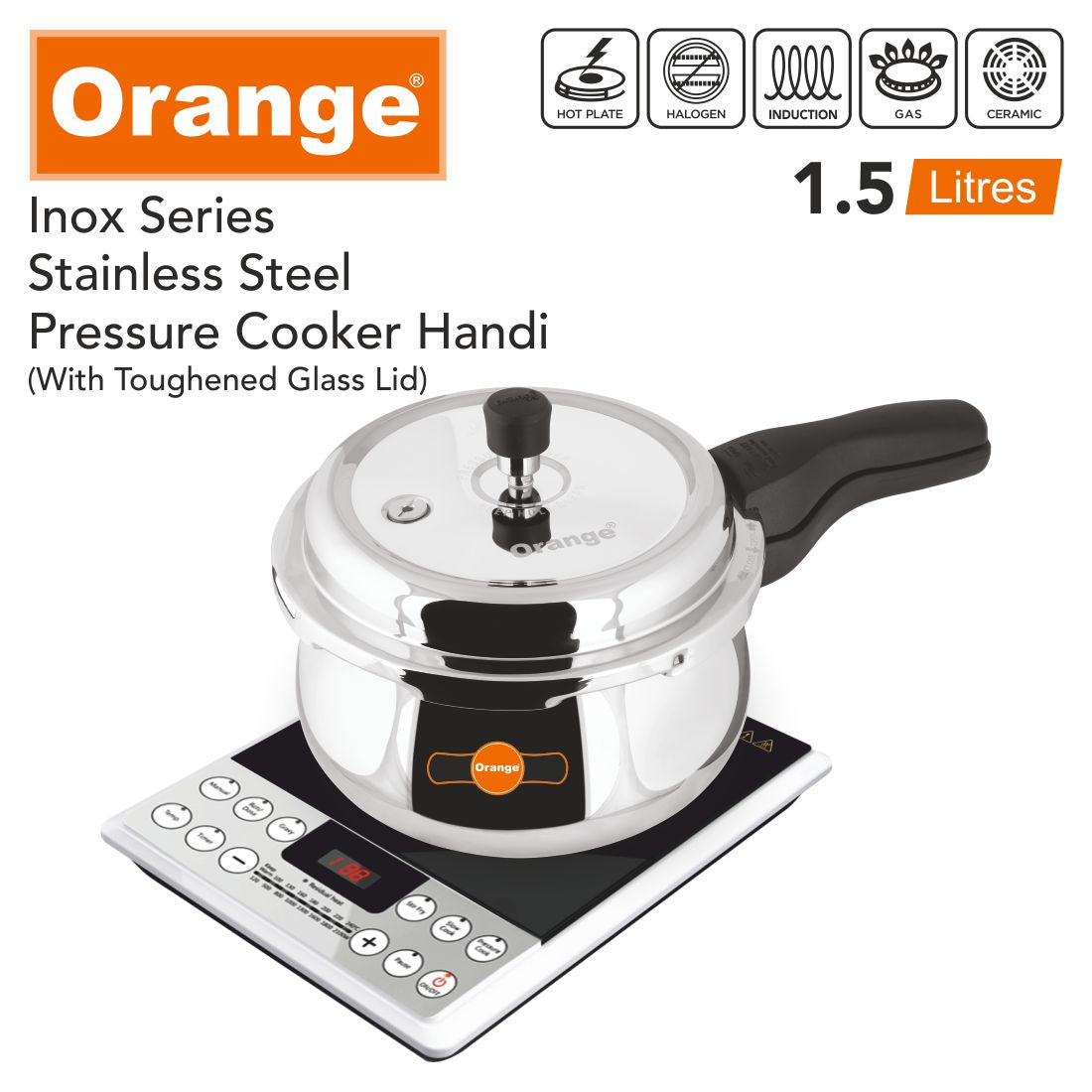 Orange Inox Series Stainless Steel Outer Lid Pressure Cooker Handi With Toughened Glass Lid