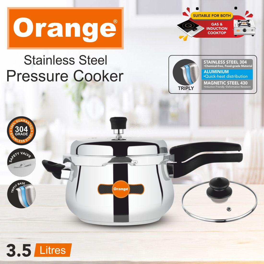 Orange Triply Stainless Steel Outer Lid Pressure Cooker Handi With Toughened Glass Lid