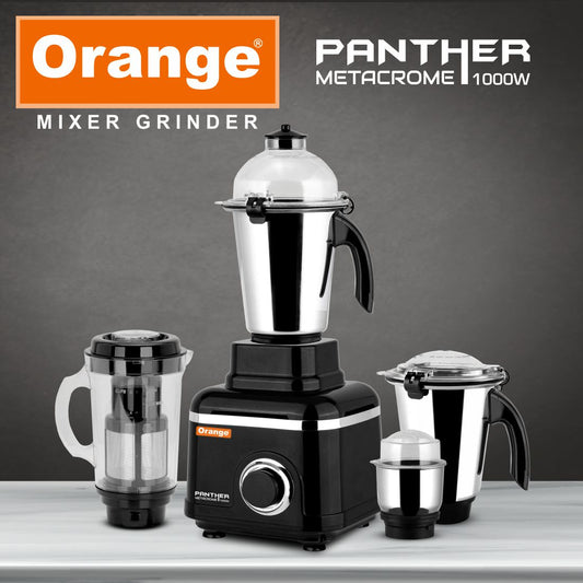 Orange Panther 1000 Watt Mixer Grinder |100% Copper Heavy Duty Motor | 4 Virgin & Unbrekable SS Coil Jars(1 Wet Jar, 1 Dry Jar,1 Chutney Jar & Juicer Jar) 2 Year Motor Warranty | Black Color