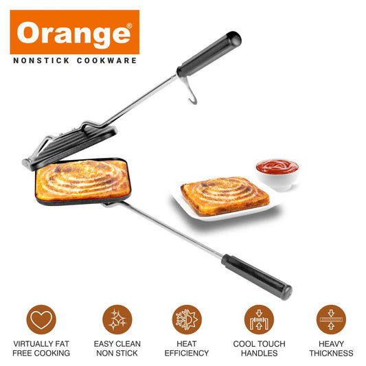 Orange Non-Stick Regular Sandwich Toaster with free nylon Tongs & Scrubber | Daily Use, non-electric Sandwich Maker | Gas Stove Compatible| Black