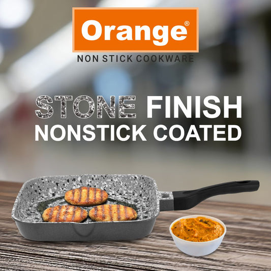 Orange Stone Finish Nonstick Heavy coated Grill Pan with glass lid for Barbeque/Tandoori/Sandwich with cool touch long handles