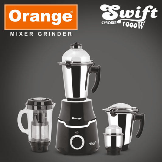 Orange 1000 Watts Mixers Grinder Swift |100% Copper With Heavy Duty Motor | 4 Virgin & Unbrakable SS Coil Jars (1 Wet Jar, 1 Dry Jar,1 Chutney Jar & Juicer Jar) S.S Blades | 2 Year Motor Warranty