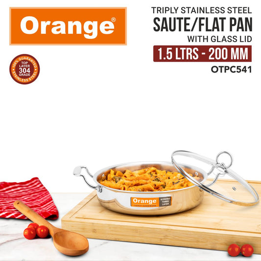 Orange Stainless Steel Triply Cook & Serve Fry/Saute/Kadai/Flat Pan with Glass lid and Handles
