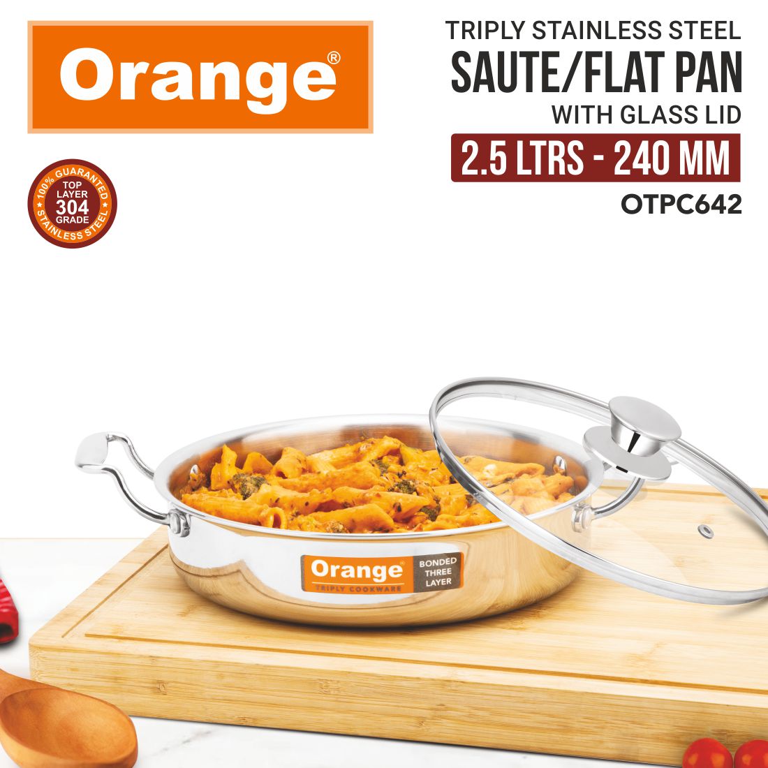 Orange Stainless Steel Triply Cook & Serve Fry Pan/Saute Pan/Kadai/Flat Pan with Glass lid with Cool Touch Handles| 2.5mm Thickness| Induction cooktop Friendly