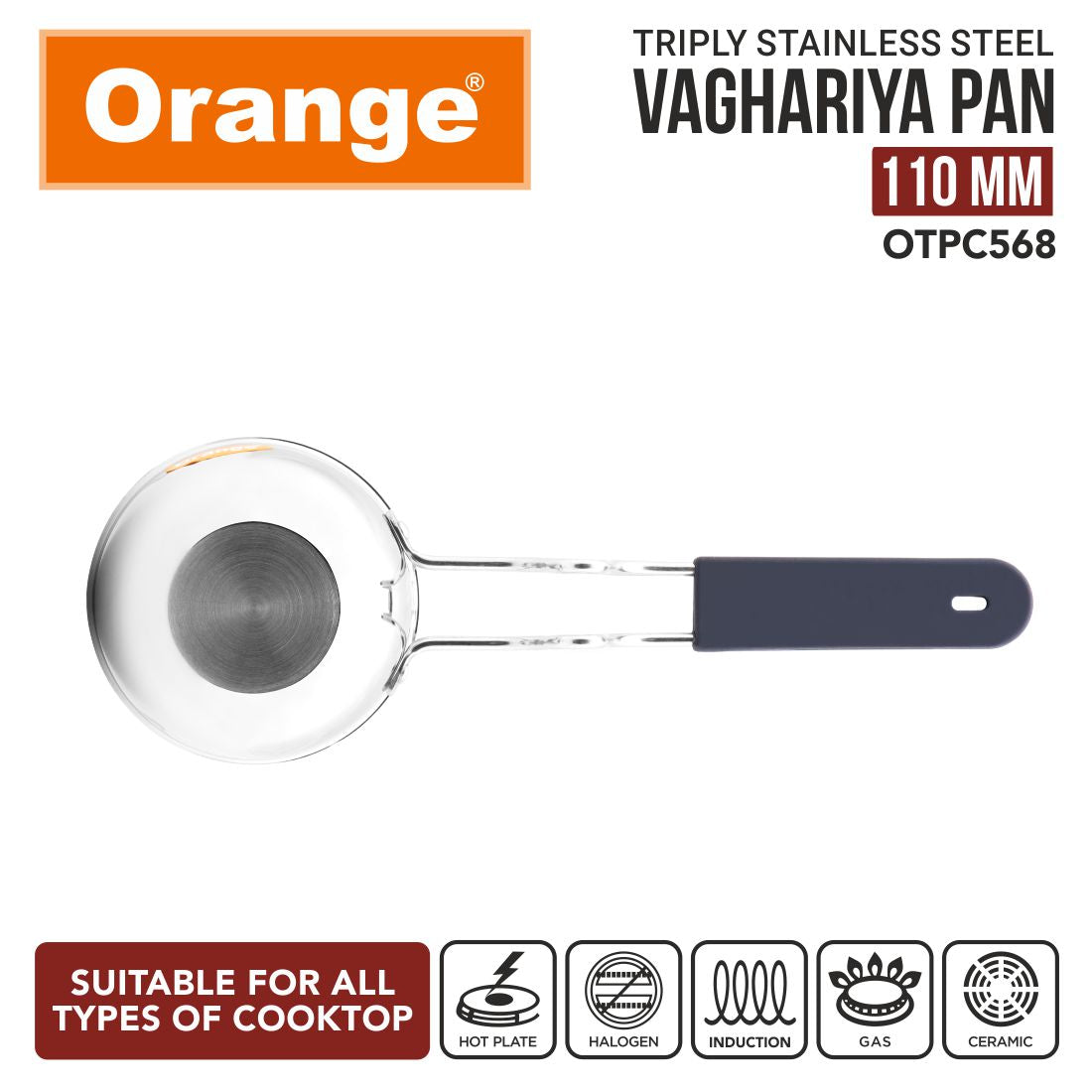 Orange Triply Stainless Steel Tadka/Vaghariya Pan 12cm | 350ml Capacity | Stay Cool Handle | Spice Seasoning, Frying & Roasting | Stable Base | Induction & Gas Friendly |Silver