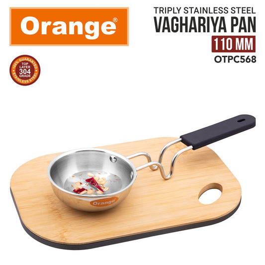 Orange Stainless Steel Triply Tadka Pan/Vaghariya Pan with Stay Cool Long Silicon Handle