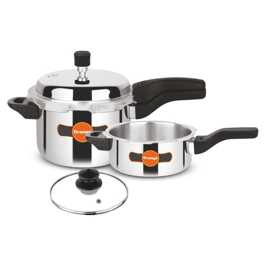 Orange Triply Stainless Steel Pressure Cooker Combo Set With Glass Lid, 2 liter & 3 liter| Induction Friendly | Silver(O-Triply Combo 2Pc(2liter&3liter)