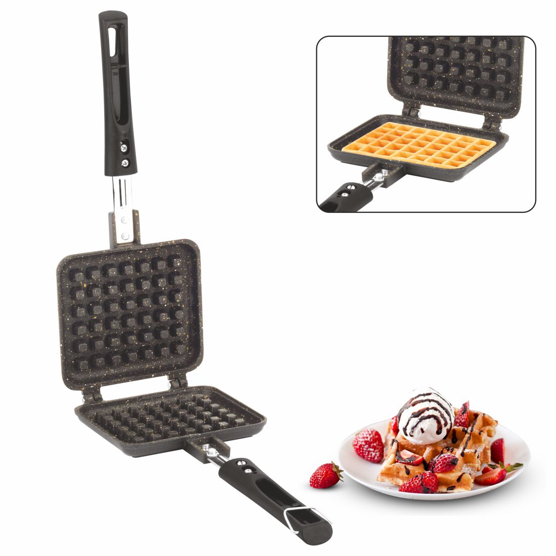 Orange Aluminium Die-Cast Series Non-Stick | Heavy Thickness Waffle Maker/Toast Sandwich Maker | With Cool Touch Handle | Free Nylon Tongs & Scrubber | Jumbo Bread | Non Electric Waffle/Sandwich Maker | Gas Stove Compatible | Black (Waffle Maker)