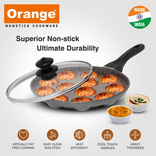 Orange 12 Cavity Grill Appam Patra | Paniyarakkal | with Glass Lid | Sturdy Cool Touch Handle