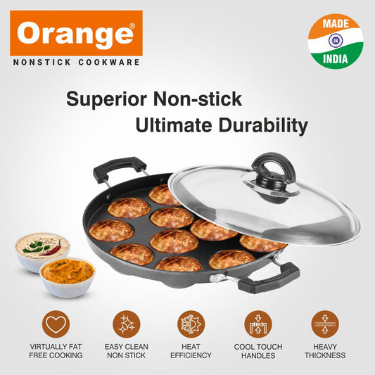 Orange Aluminium Non-Stick Appam Maker with 12 Cavity/Bowls | Appam Pan/Paniyarakkal with Stainless Steel Lid and Side Cool Touch Handles