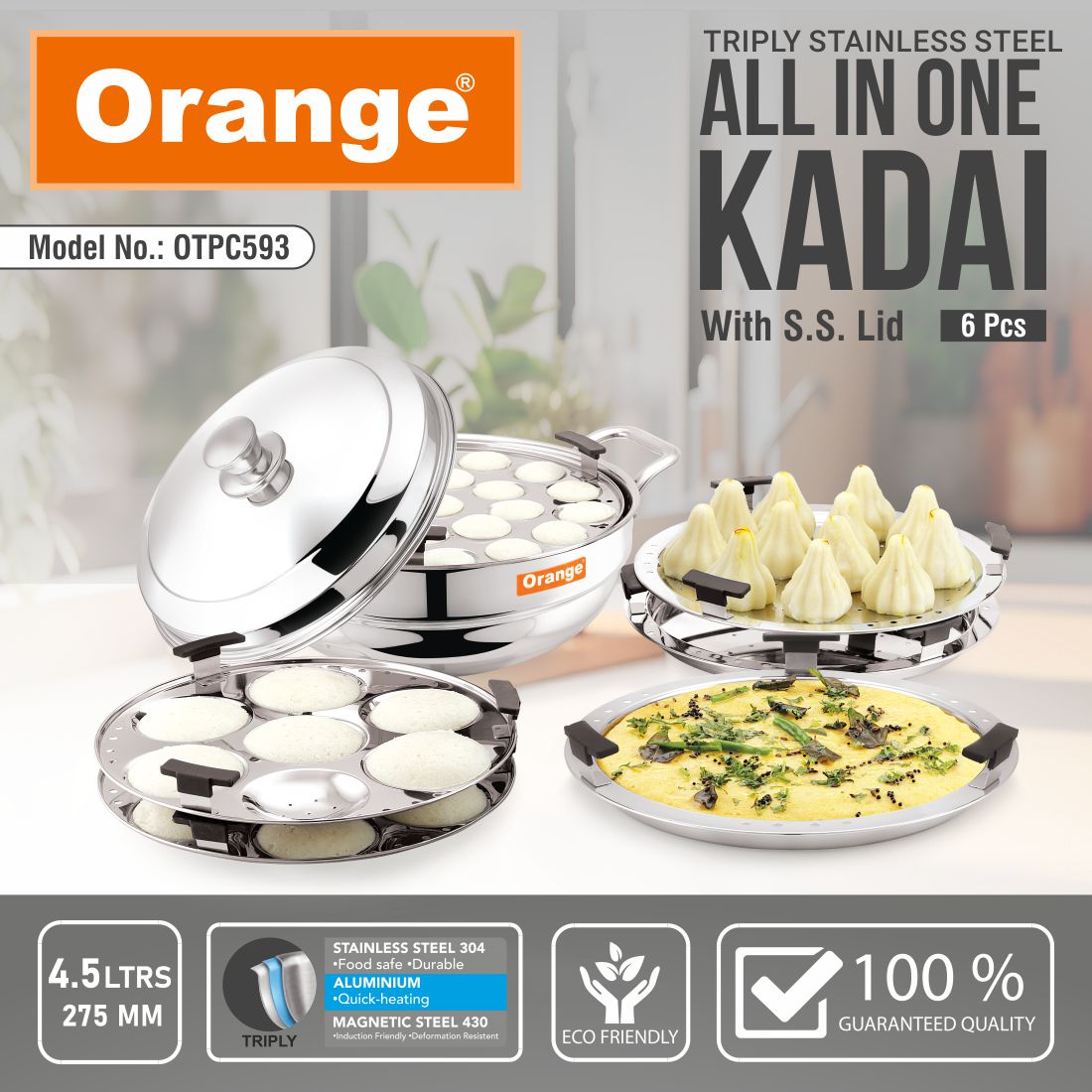 ORANGE - STAINLESS STEEL TRIPLY MULTI KADAI (6 PLATES)
