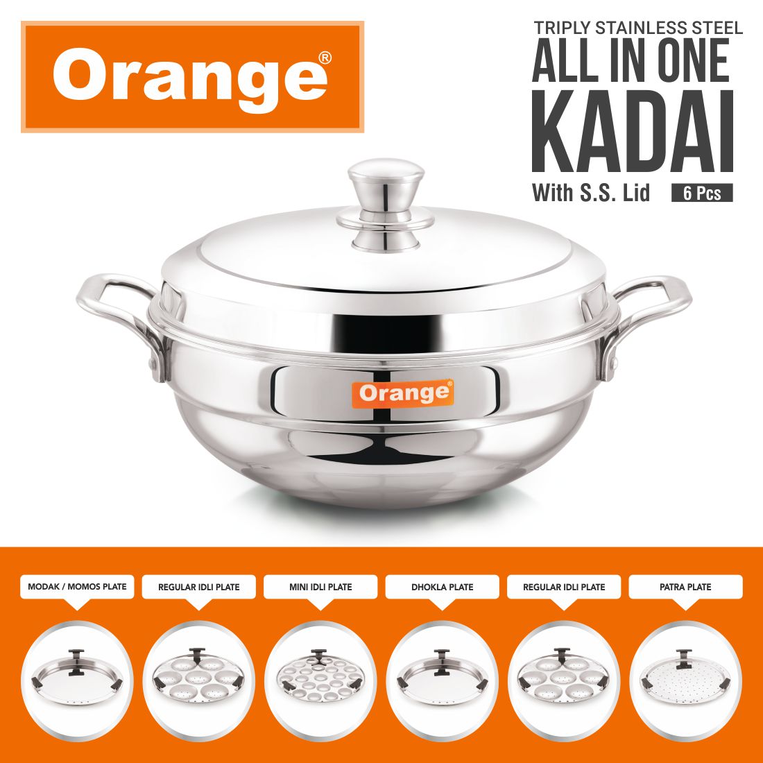 COOKINGWITHTHEMASTER オルカラ全８種リーメント ORANGE TRIPLY STAINLESS STEEL ALL-IN-ONE IDLI KADAI WITH SS LID