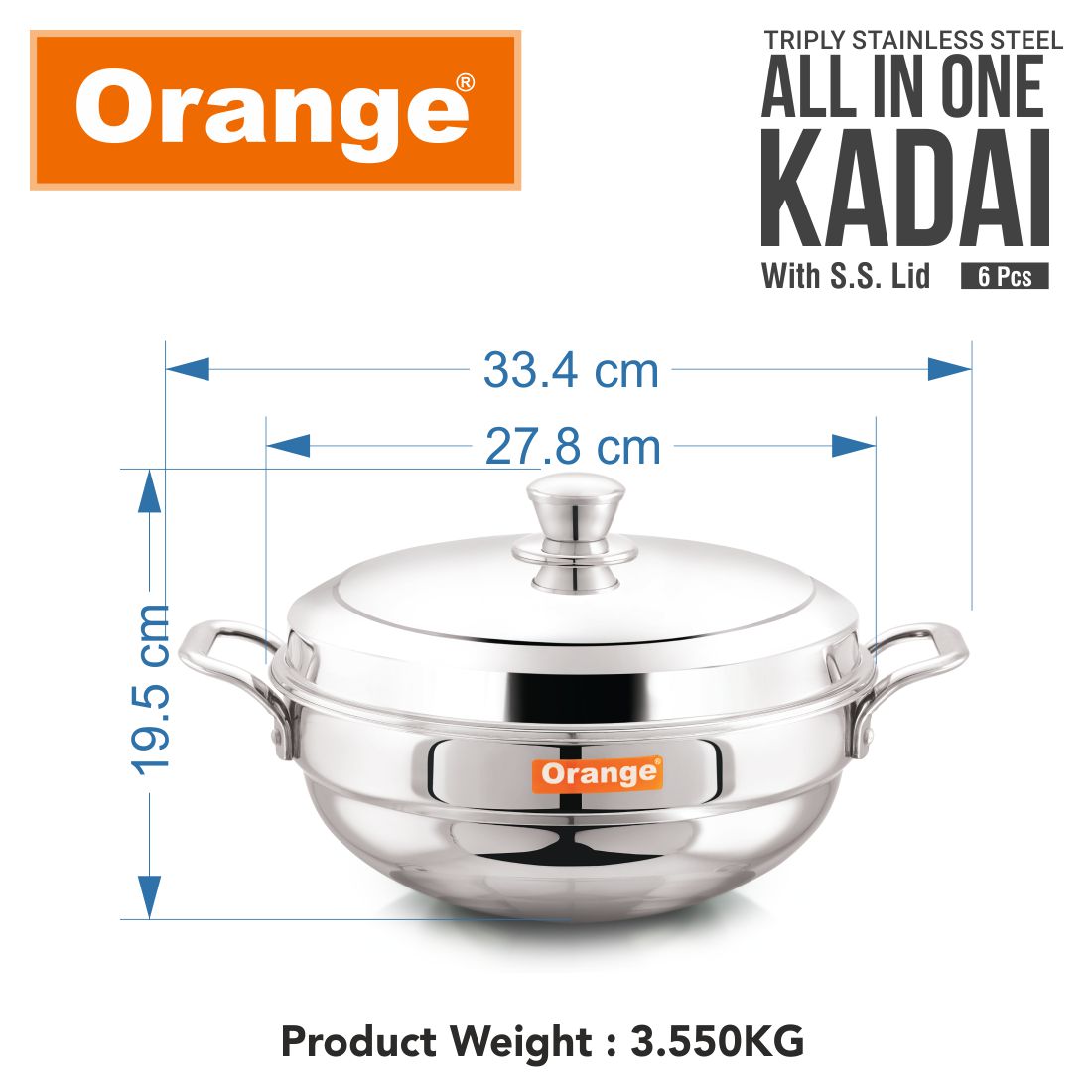 ORANGE TRIPLY STAINLESS STEEL ALL-IN-ONE IDLI KADAI WITH SS LID