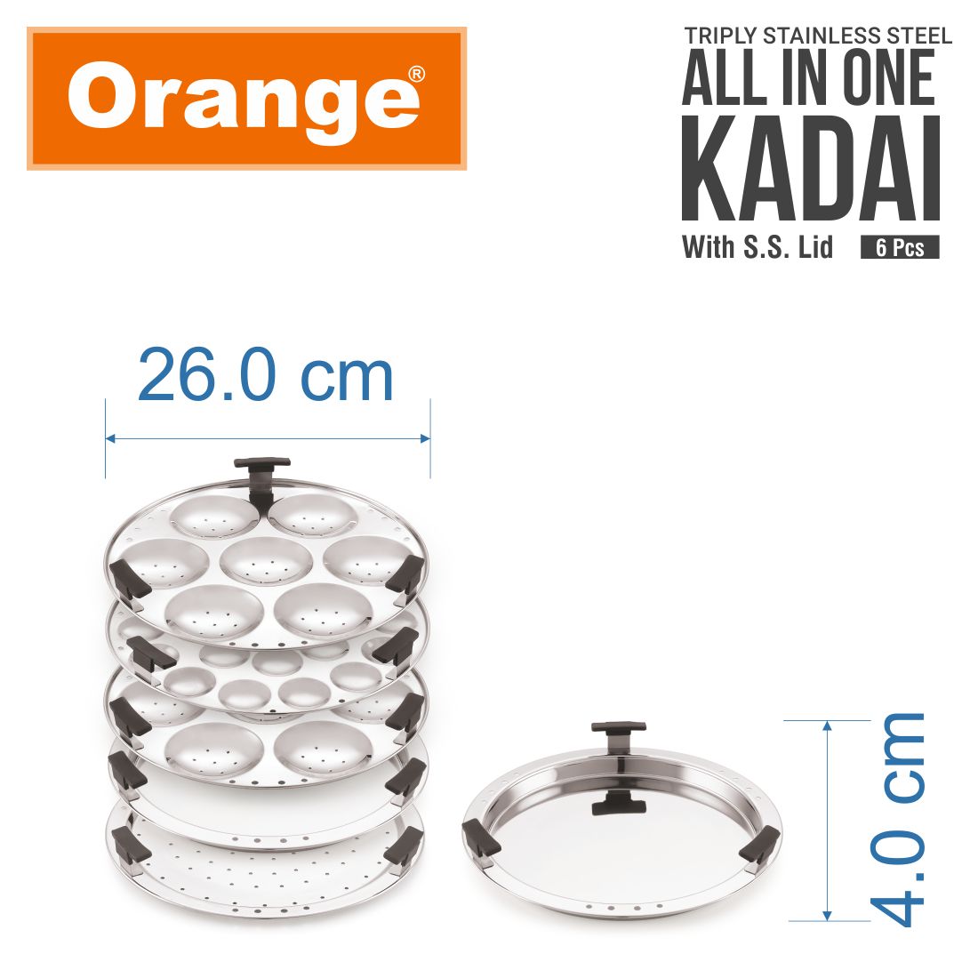 ORANGE TRIPLY STAINLESS STEEL ALL-IN-ONE IDLI KADAI WITH SS LID