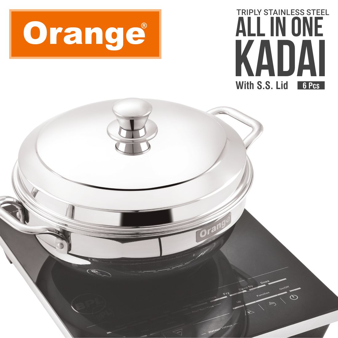 ORANGE TRIPLY STAINLESS STEEL ALL-IN-ONE IDLI KADAI WITH SS LID