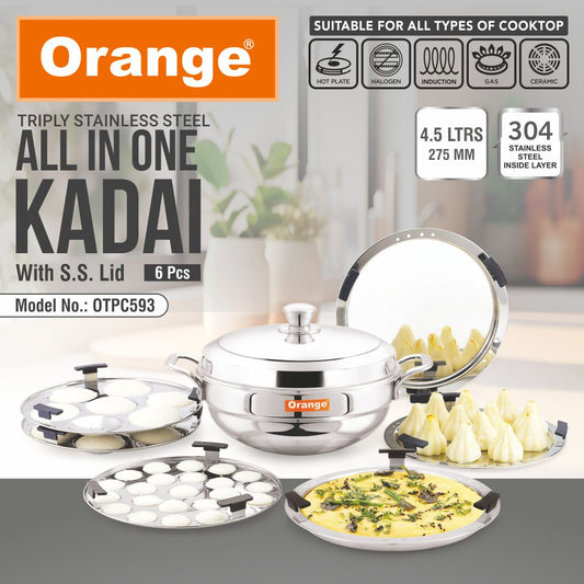 Orange Triply Stainless Steel All in One Idli Kadai with S.S. Lid, 4.5 Litres, Induction Based,6 Pieces (2 Idli, 1 mini Idli, 2 Dhokla/Momo, 1 Steamer)