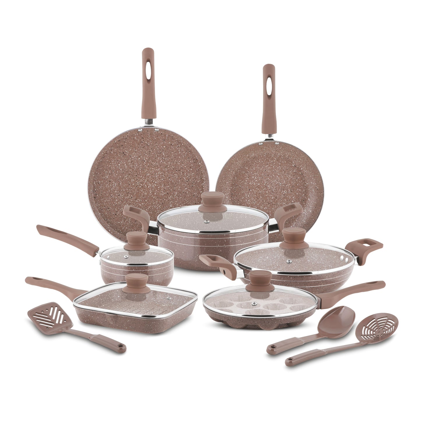 ORANGE - 15 PCS CELEBRATION COOKWARE SET |27CM  DOSA TAWA,24CM TAPPER FRY PAN, 24CM DEEP KADAI, 16CM SAUCE PAN, 22CM CASSEROLE, 22CM GRILL APPAM, 22CM GRILL PAN, 5 PCS GLASS LID, 1 NYLON SPOON, 1 NYLON TURNER, 1 NYLON ZARA
