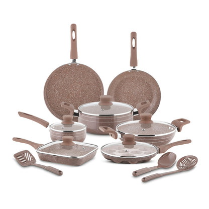 ORANGE - 15 PCS CELEBRATION COOKWARE SET |27CM  DOSA TAWA,24CM TAPPER FRY PAN, 24CM DEEP KADAI, 16CM SAUCE PAN, 22CM CASSEROLE, 22CM GRILL APPAM, 22CM GRILL PAN, 5 PCS GLASS LID, 1 NYLON SPOON, 1 NYLON TURNER, 1 NYLON ZARA