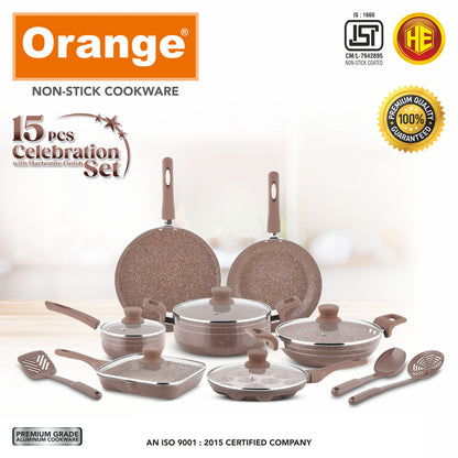ORANGE - 15 PCS CELEBRATION COOKWARE SET |27CM  DOSA TAWA,24CM TAPPER FRY PAN, 24CM DEEP KADAI, 16CM SAUCE PAN, 22CM CASSEROLE, 22CM GRILL APPAM, 22CM GRILL PAN, 5 PCS GLASS LID, 1 NYLON SPOON, 1 NYLON TURNER, 1 NYLON ZARA
