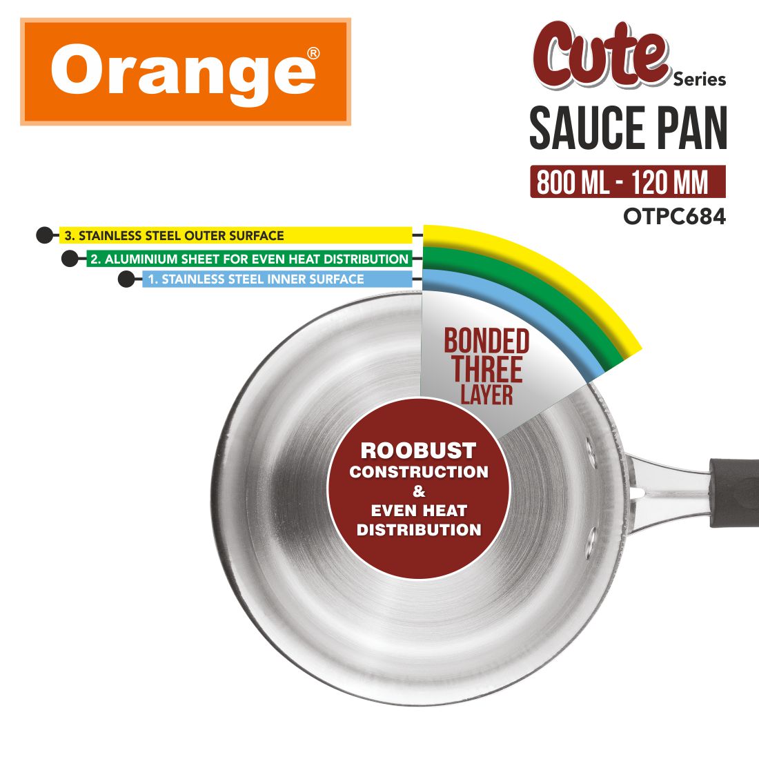 Orange Triply Cute Series Mini Saute Pan 800ml (120mm) | Ideal for Tea, Coffee, Milk & Sauces | Heavy Bottom | Induction & Gas Friendly | 2.5mm Thick Base | Cool-Touch Handle