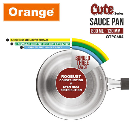 Orange Triply Cute Series Mini Saute Pan 800ml (120mm) | Ideal for Tea, Coffee, Milk & Sauces | Heavy Bottom | Induction & Gas Friendly | 2.5mm Thick Base | Cool-Touch Handle